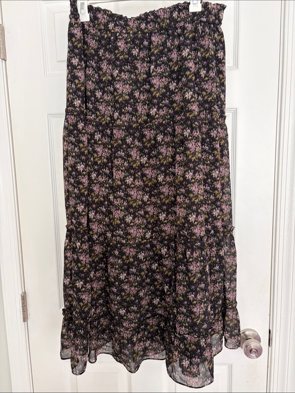 Madewell Black Maxi Skirt with Pink Floral Print and Olive Accents
